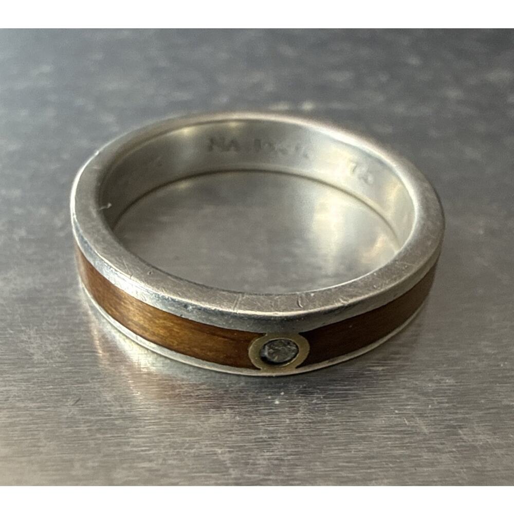 Na Hoku Koa Wood Band Sterling Silver 18k Ring With Diamond Size 7.5